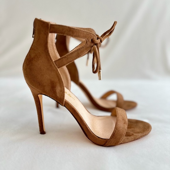 Camel Faux Suede Ankle Strap Heels - Picture 6 of 16